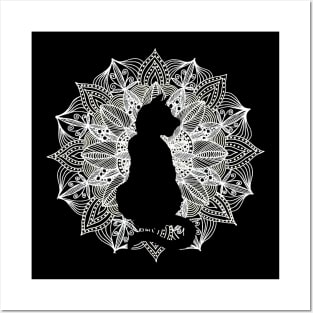 White Mandala Circle Cat Posters and Art